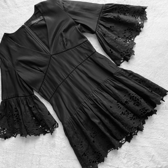 Thakoon Dresses & Skirts - Thakoon Cotton Silk Bell Sleeve Eyelet Cutout V-Neck Dress Black Sz 4